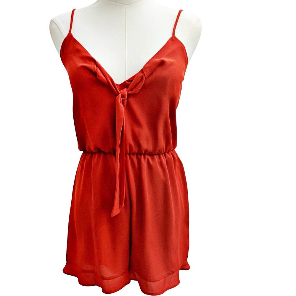 Everly Rust Burnt Orange Romper Adj Straps Flutter Tiered Legs